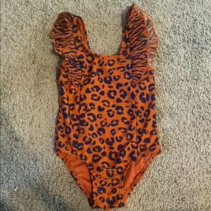 Cat & Jack Orange and Navy Leopard Ruffle One-Piece Swimsuit